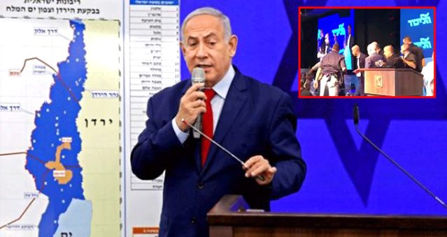 Trump’ın ‘barış planının’ Batı Şeria’nın ilhakı için ‘tarihi fırsat’ oluşturduğunu belirten Netanyahu, Gazze’den atılan roketler bulunduğu salona yakın bir noktaya düşünce salonu terk etti