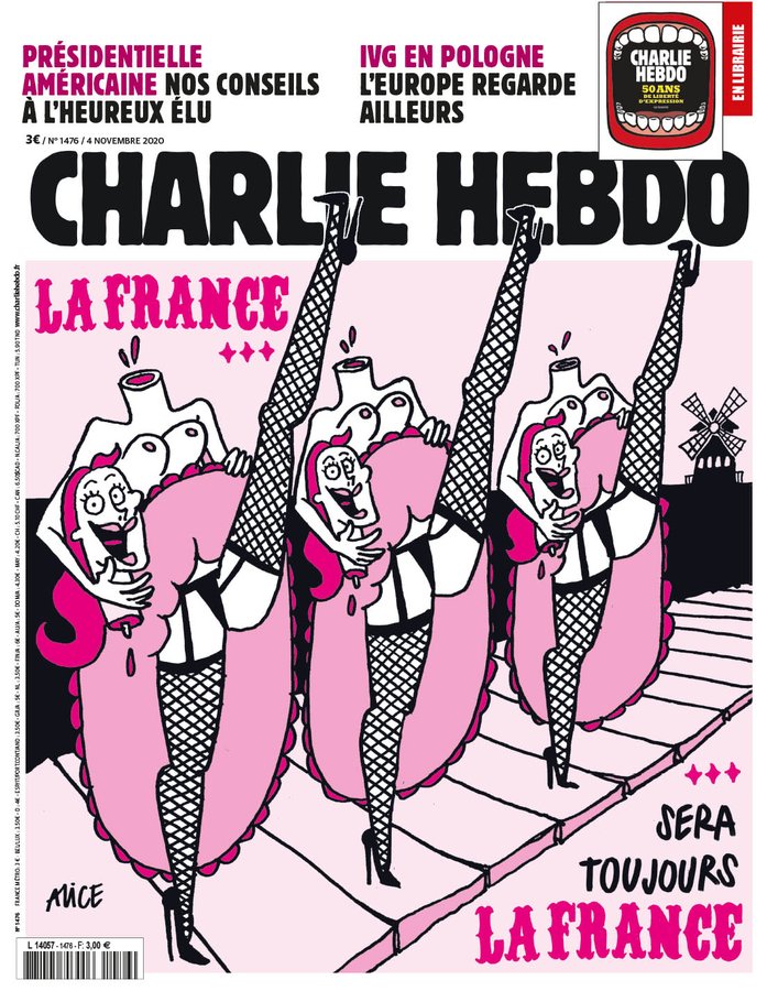 Fransa’daki saldırılara Charlie Hebdo’dan ‘kafaları kesilmiş kankan dansçılarıyla’ yanıt