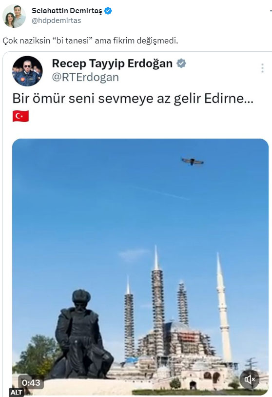 Demirtaş, Erdoğan’ın gönderisini alıntıladı: Çok naziksin bitanesi